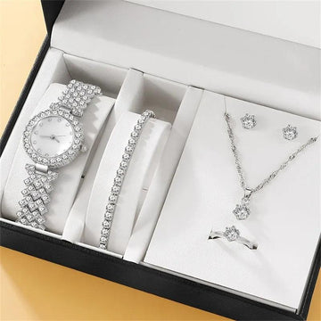 New 6PCS Set Luxury Necklace Earring Rhinestone Fashion Casual Ladies Bracelet Set Watches for Women - - The Jewellery Supermarket